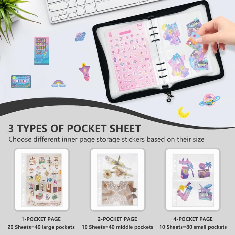 Ruatu Sticker Storage Organizer Binder A5 Sticker Book Collecting Album Reusable Sticker Collection Book with Pocket Zipper Sticker Holder Keeper Book for Adult Collecting Sticker (black) - Image 3